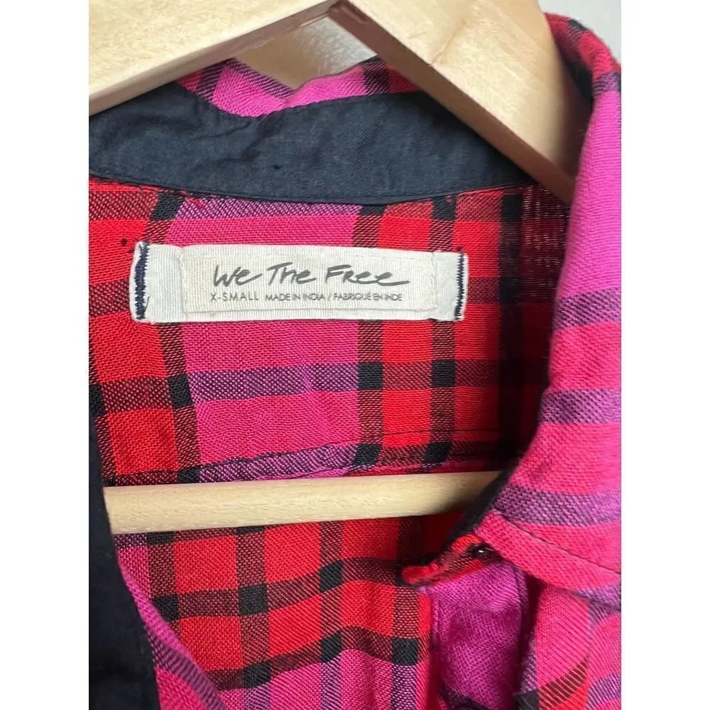 Free People Pacific Dawn Plaid Shirt Hot Pink Red Plaid Snap Button Down Sz. XS